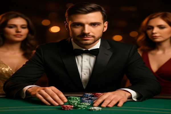 ল্যাপটপে অনলাইন গেম খেলা এক নারী, চারপাশে আলোকিত ক্যাসিনোর পরিবেশ উজ্জ্বল হয়ে উঠছে