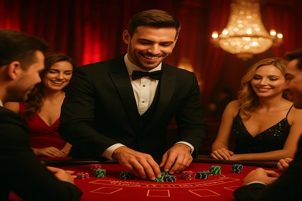 উজ্জ্বল আলোয় ভরা গেমিং পরিবেশে একজন আত্মবিশ্বাসী ডিলার ব্যবহারকারীদের ek33 অ্যাকাউন্টে নিরাপদে লগ-ইন করার জন্য আন্তরিক আমন্ত্রণ জানাচ্ছেন।